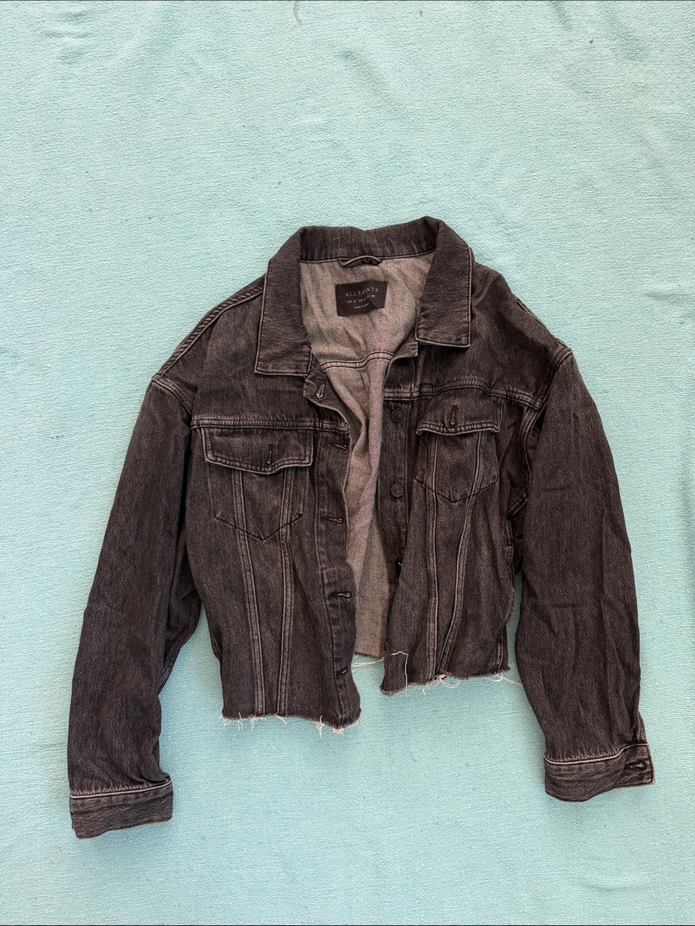 All Saints Washed Black Cropped Denim Jacket with Raw Hem